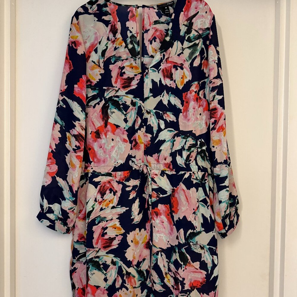 Bloomingdale's AQUA Blue Pink Floral Long Sleeve Dress- Size Large